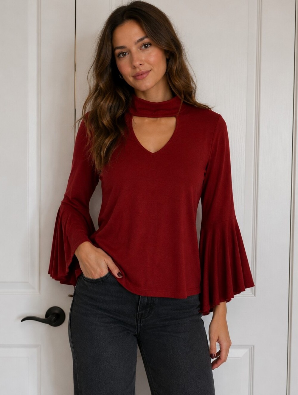 Storm Choker V Neck Cutout Bell Sleeve Top